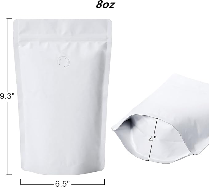 8 Ounce 50 Pieces White Kraft Coffee Bags with Ziplock - High Barrier Natural Kraft Paper Stand up Coffee Pouches with One Way Degassing Valve & Zipper (50, 8oz/0.5lb/250gram)