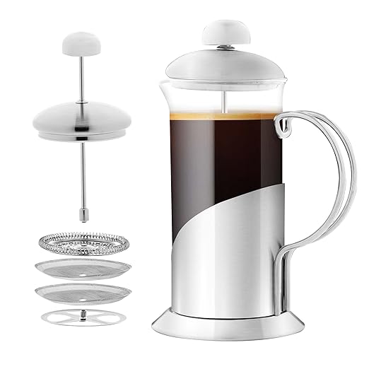 OVENTE French Press Coffee Maker 12 Ounce, 4 Level Stainless Steel Filter System & Heat Resistant Borosilicate Glass, Scoop included, Silver FSL12S
