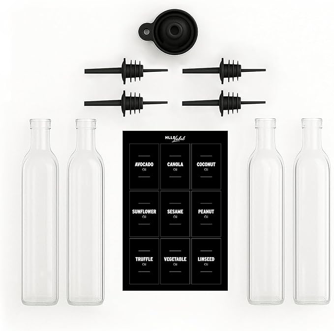 Olive Oil & Vinegar Dispenser Bottle Set with Stainless Steel Pourer, Funnel & Labels - Glass Kitchen Oil Cruet - Dispenser Bottle for Coffee Syrup, Soy Sauce, Cooking Sauces & More - 500ml - Set of 4