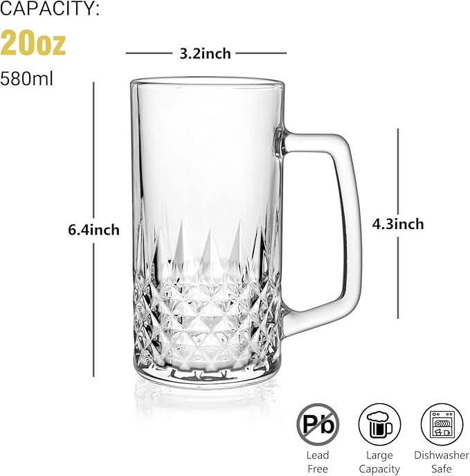 20oz Beer Mug, 4 Pack Glass Beer Mugs for Freezer, Clear Large Beer Steins with Handle, Gifts for Men