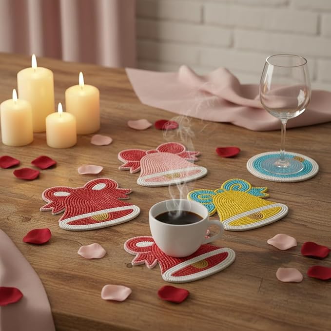 Folkulture Valentine Coasters Set of 4 | Handmade Boho Love & Bell Design Drink Coasters for Coffee Table Décor | Cute Valentine’s Day Gift for Her | Romantic Home Accessories