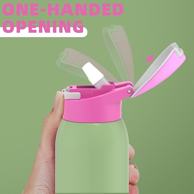 koodee 24oz Free-sip Insulated Stainless Steel Water Bottles with Soft Straw,Quick Flip GO Bounce cup Thermo-flask,Pop & Fill Double-Wall Vacuum Bottle,for Sports & Travel,BPA-Free (Pink Avocado)