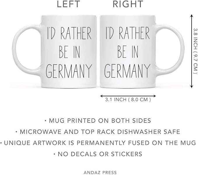 Andaz Press World Country Adventure 11oz. Coffee Mug Gift, I'd Rather Be in Germany, 1-Pack, Summer Vacation Long Distance College Going Away Study Abroad Birthday Christmas Gifts