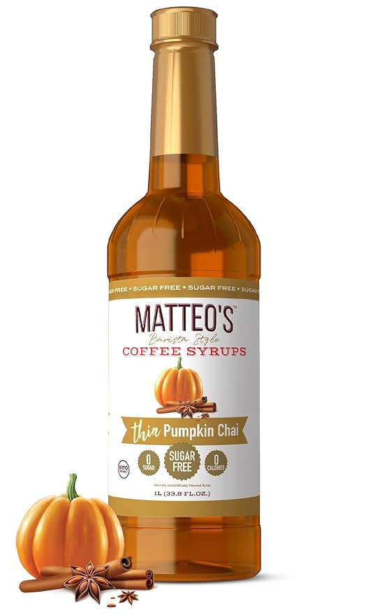 Matteo's Pumpkin Chai Syrup for Coffee, Lattes, Cappuccinos & Desserts – Sugar-Free Sweetener for Beverages, Keto Friendly, Zero Calories, Indulgent Flavor, Non-Alcoholic, 33.8oz (1pk)