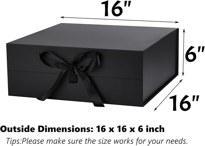 OEMVALATY Black Gift Box,16x16x6 Inches Gift Boxes with Lids for Presents with Magnetic Closure and Ribbon for Wedding,Storage,Birthday(3-Pack)