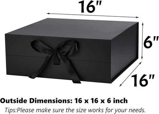 OEMVALATY Black Gift Box,16x16x6 Inches Gift Boxes with Lids for Presents with Magnetic Closure and Ribbon for Wedding,Storage,Birthday(3-Pack)