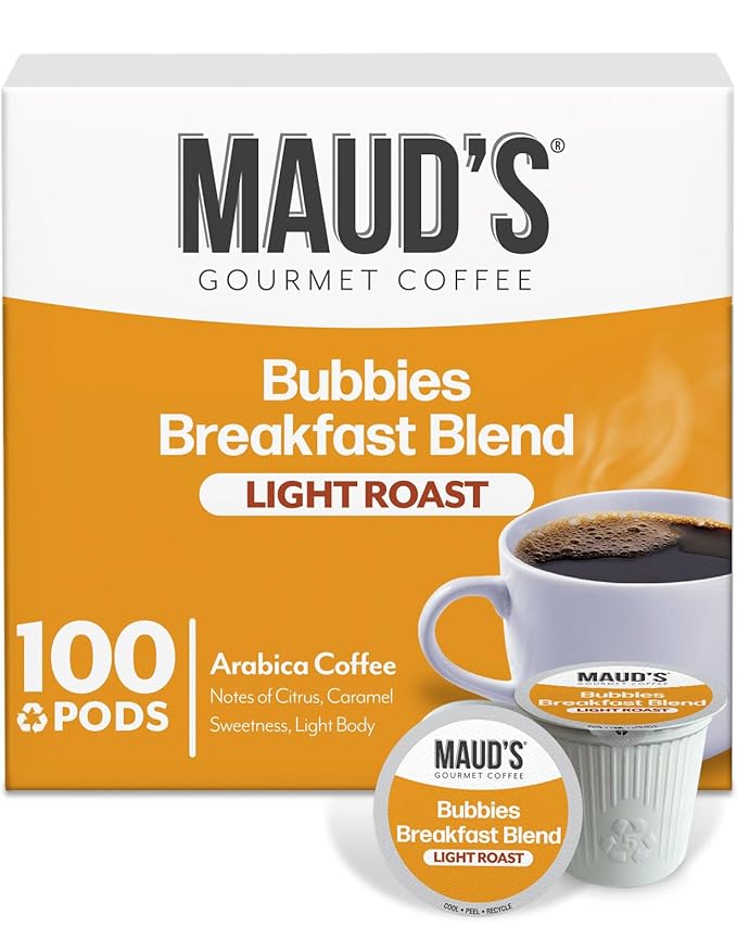 Maud's Breakfast Blend Coffee Pods, 100 ct, Light Roast Coffee in Recyclable Single Serve Pods – 100% Arabica Beans, Compatible with Keurig K Cups Maker
