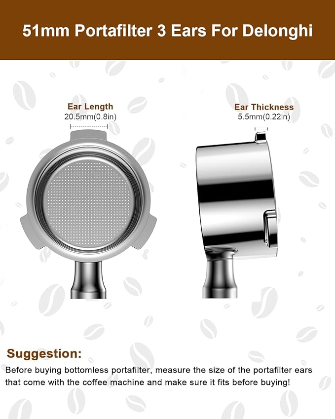 51mm Bottomless Portafilter 3 Ears Compatible with Delonghi Dedica EC680/EC685/EC885 and SMEG, EUPA Espresso Machines, Espresso Naked Bottomless Portafilter with Puck Screen and 18g Filter Basket