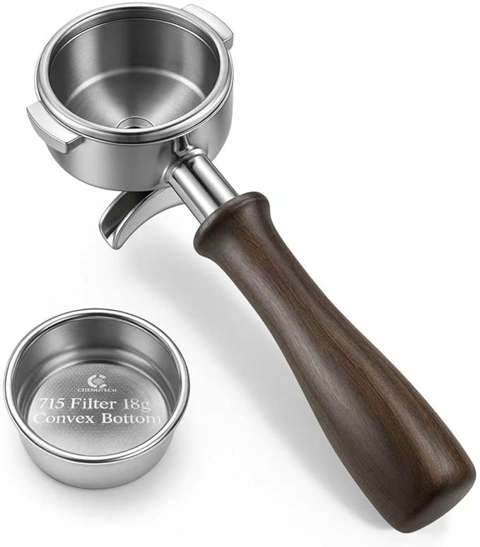 Espresso Accessories, 58mm Double Spout Portafilter with 18g Convex Filter Basket (715 Holes), Walnut Wood Handle, Compatible with La Marzocco, Slayer, Rocket Espresso, Lelit & E61 Machines
