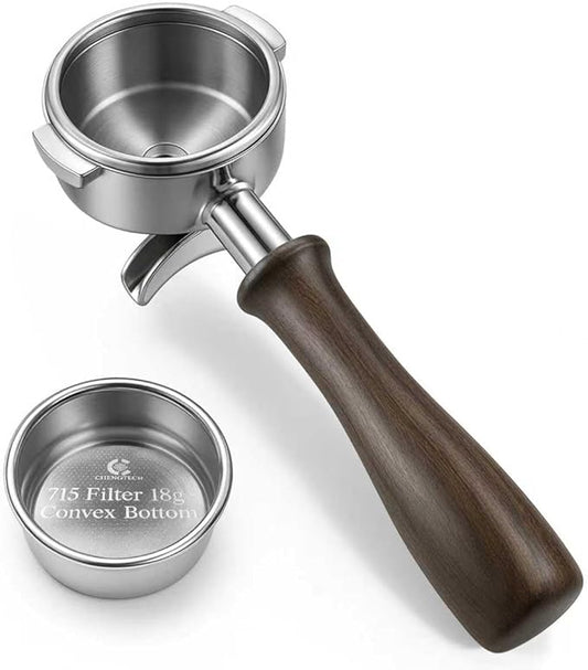 Espresso Accessories, 58mm Double Spout Portafilter with 18g Convex Filter Basket (715 Holes), Walnut Wood Handle, Compatible with La Marzocco, Slayer, Rocket Espresso, Lelit & E61 Machines