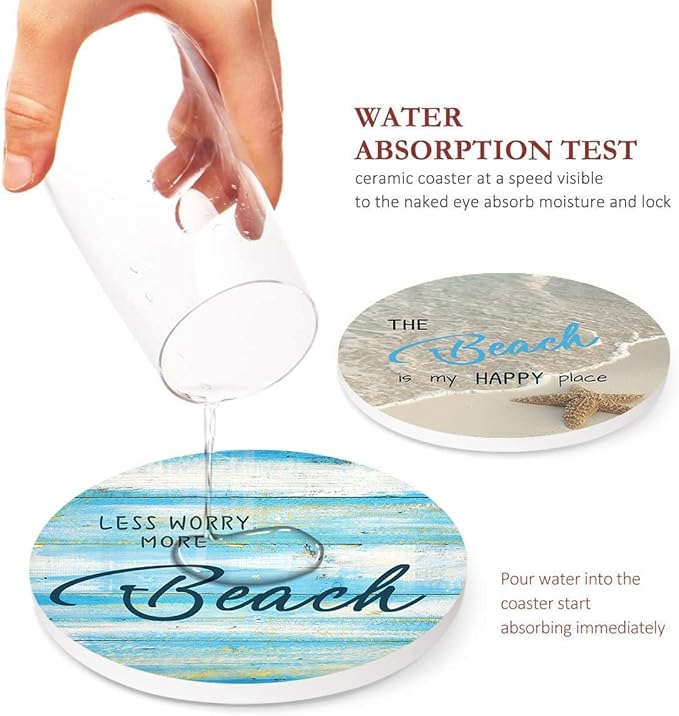 Britimes Coaster for Drinks Set of 6, Beach Shell Antique Teal Blue Table Absorbent Round Ceramic Stone Mat, with Cork Base and Metal Holder, Gift for Housewarming Room Bar Decor