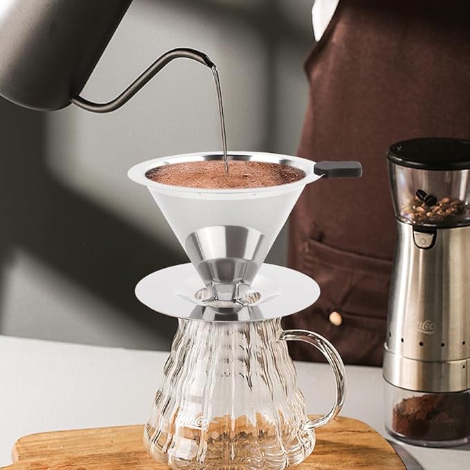 Pour Over Coffee Dripper, Stainless Steel Cone Coffee Filter with Base, Dual-Layer Fine Mesh Coffe Filter, Paperless Reusable Cone Coffee' Maker Dripper with Cleaning Brush(SIZE:M)