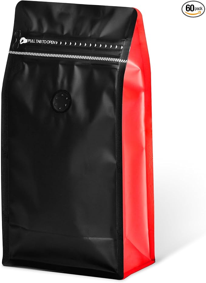 Coffee Bags with Valve(60pcs,16oz,1lb) Vented Coffee Beans Packaging Bags High Barrier Aluminumed Foil Flat Bottom Heat Sealed Side Zipper Resealable Storage Bag for Home or Business（Black+Red）