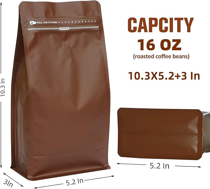 Coffee Bags with Valve(16 oz,1 lb,100pcs) Brown High Barrier Aluminumed Foil Flat Bottom Heat Sealed Coffee Beans Packaging Bags Side Zipper Resealable for Home or Business