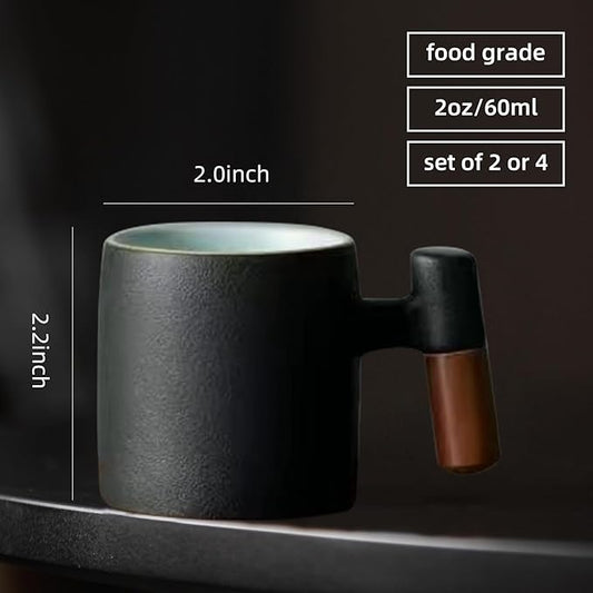 2-Oz Ceramic Espresso Cups with Wood Handle, 2/4-Piece Set for Coffee, Tea, Latte - Dishwasher Safe, Multi-Color & Wood Styles, Gift & Café Use (balck, Wooden Handle2)