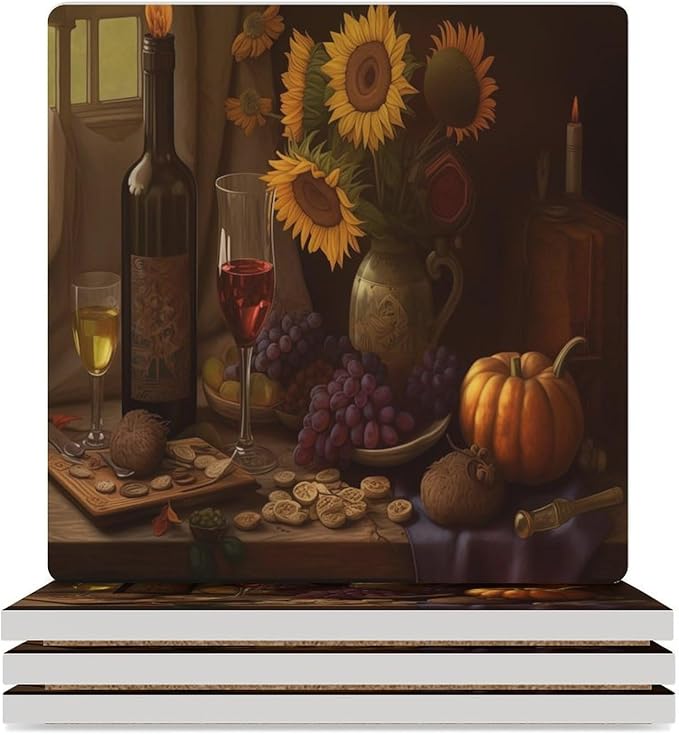 Red Wine Drink Coasters, Square Ceramic Drink Coaster Square-4PCS, Retro Red Wine Bottle and Grapes Fruit Sunflower Pattern Decor Absorbent Ceramic Coasters for Beverage Cup, Bar, Coffee Table