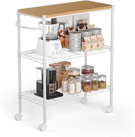 Whitmor 3 Tier Rolling Kitchen Cart,27.6"x10"x21.7”Heavy Duty Metal Storage Cart with Wheels, Adjustable Shelves, Lockable Utility Cart with Wood Top & Portable Handle for Indoor & Outdoor Use, White