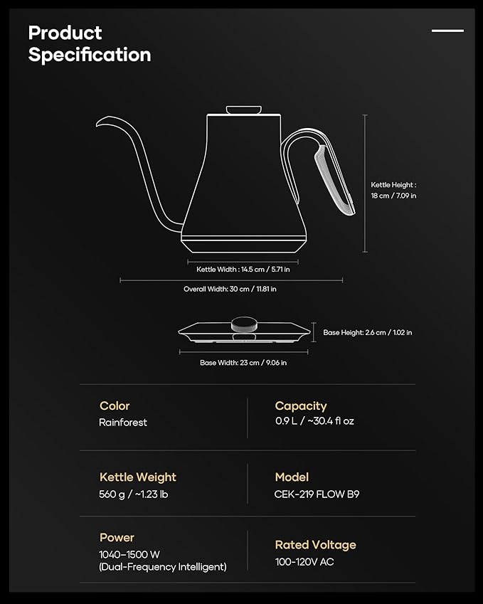 Cocinare Barista Collection Rainforest Gooseneck Electric Kettle, ±1℉ Precise Temperature Control for Pour-Over Coffee & Tea, Quick Heating 1500W, Stainless Steel Interior, 0.9L