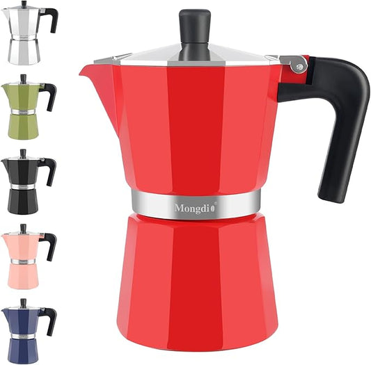 Mongdio Stovetop Espresso Maker Moka Pot, Stove Top Cuban Coffee Maker, Italian Greca Mocha Pot, 6 Espresso Cups, 10 oz - Red