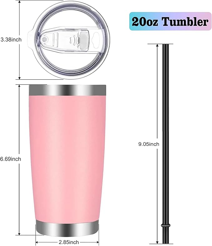 VEGOND 20oz Tumbler with Lid and Straw Stainless Steel Tumbler Cup Bulk Vacuum Insulated Double Wall Travel Coffee Mug Powder Coated Coffee Cup(Pink 6 Pack