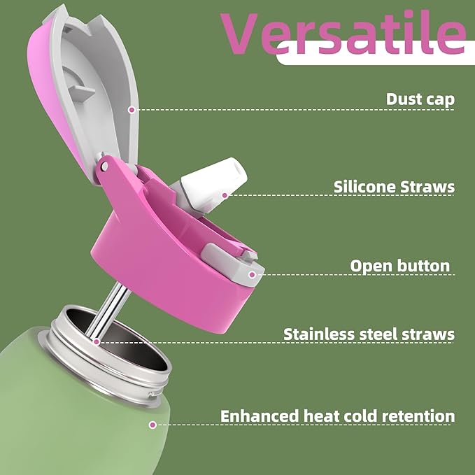 koodee 24oz Free-sip Insulated Stainless Steel Water Bottles with Soft Straw,Quick Flip GO Bounce cup Thermo-flask,Pop & Fill Double-Wall Vacuum Bottle,for Sports & Travel,BPA-Free (Pink Avocado)
