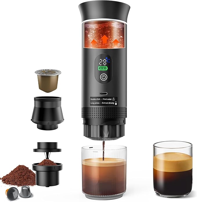 Portable Battery Espresso Coffee Maker for Travel, 20 bar Mini Car Espresso Machines, 3-in-1 Self-Heating Electric Espresso Maker, USB-C Ground Coffee & Capsule Pod(Ns&DG) RV, Hiking, Office