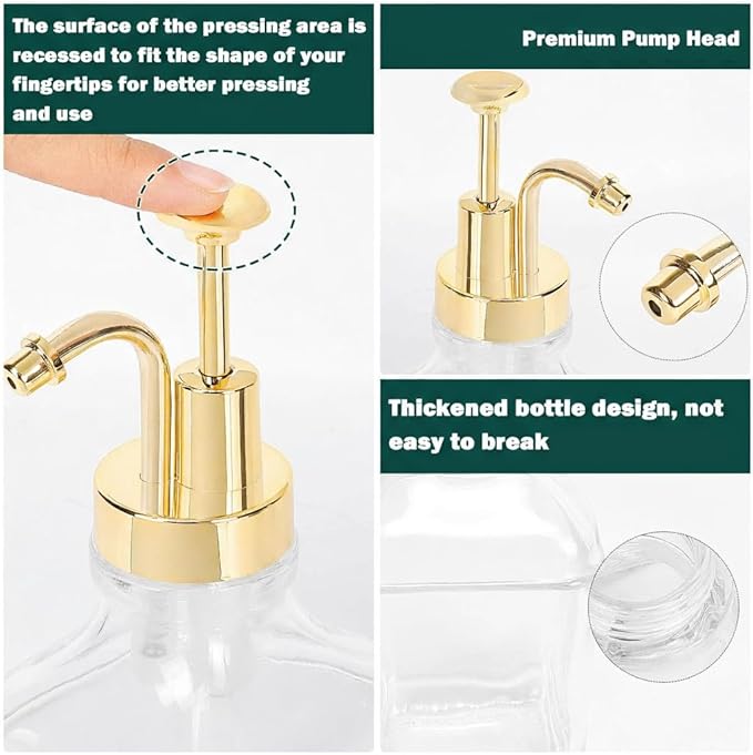 BathAce Coffee Syrup Dispenser for Coffee Bar, Clear Glass Syrup Bottles with Pump, Refillable Maple Syrup Storage, Coffee Station Accessories and Organizer, 500ml, Set of 2 + Tray (Gold)