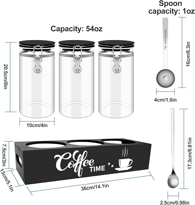 3PCS Glass Coffee Containers with Shelf, 54 oz Coffee Storage Container, Coffee Bean Storage Canisters with Airtight Locking Clamp Lid Spoons for Coffee Beans, Nuts, Sugar
