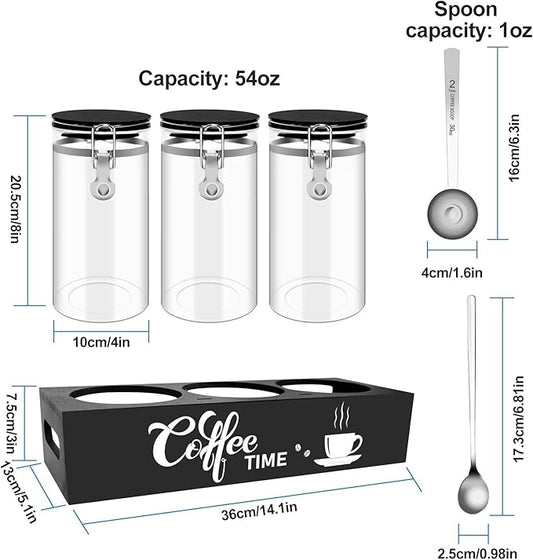 3PCS Glass Coffee Containers with Shelf, 54 oz Coffee Storage Container, Coffee Bean Storage Canisters with Airtight Locking Clamp Lid Spoons for Coffee Beans, Nuts, Sugar