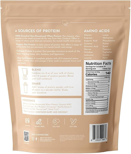 JUST INGREDIENTS Snickerdoodle Protein Powder - Grass-Fed Whey, Plant Proteins, Cinnamon Vanilla - 30 Servings