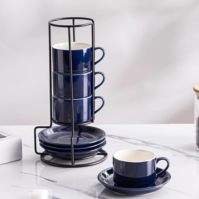 Meichu 2.5oz Porcelain Stackable Espresso Cups with Saucers and Metal Stand Set of 4, Stackable Espresso Cups Set of 4, Blue Expresso Shots Cup Set for Cappuccino, Coffee Drinks, Latte, Tea