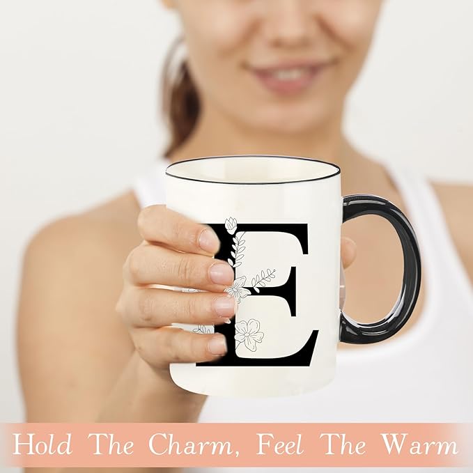 Monogram Ceramic Coffee Mugs, 11 oz Initial Drinking Cup with Gift Box, Unique Birthday Christmas Gifts for Women Wife Mothers Day Grandma Mom Aunt, E