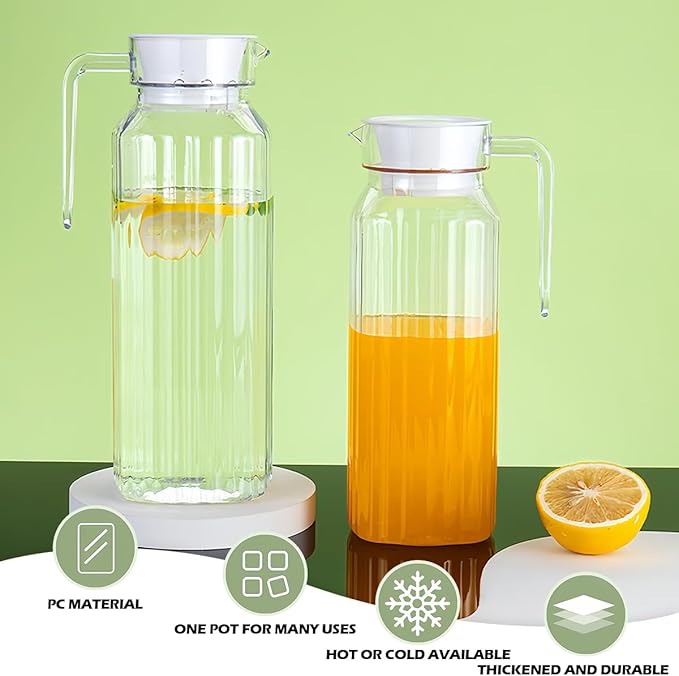DOERDO Plastic Pitcher with Lid, Broken Resistant Beverage Jugs, Cold Hot Water Pitcher for Homemade Juice Iced Tea Milk Beverage, 3.3x9.3Inch, 1100ML