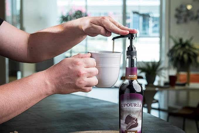 Upouria Mocha Coffee Syrup Flavoring, 100% Vegan, Gluten-Free, Kosher, 750 mL Bottle (Pack of 2) with Coffee Syrup Pump