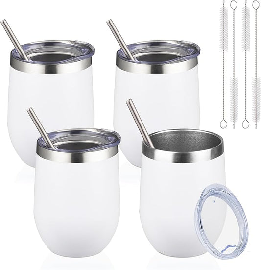 12oz/4 Pack Wine Tumbler with lid, Stainless Steel Travel Mugs Stemless Double Wall Insulated Coffee Cup, Insulated Wine Glasses Travel Tumbler for Cold & Hot Drinks(White,4)