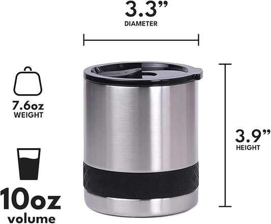 Elemental Recess Lowball Tumbler, 10oz Triple Wall Stainless Steel Cup with Non-Shattered Tritan Lid, Insulated Whiskey Glass, Insulated Coffee Tumbler Mug for Hot & Cold Drinks - Brushed Steel
