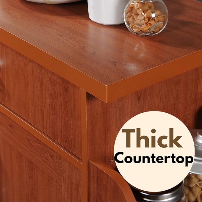 Hodedah Rolling Wood Kitchen Island Cart with Spice Rack, Towel Rack, Utensil Drawer plus Cabinet, White with Beech Top