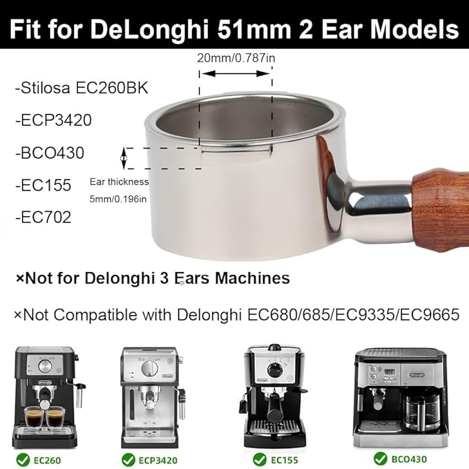 51mm Bottomless Portafilter 2 Ears Compatible with De'Longhi Stilosa EC260BK | Wooden Handle