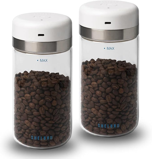 Smart Coffee Container & Food Storage w/Electric Vacuum Seal, Airtight Coffee Canister for Whole & Ground Bean Storage, Durable Borosilicate Glass Jar, Charging Cable Included, 10.5oz / 250g