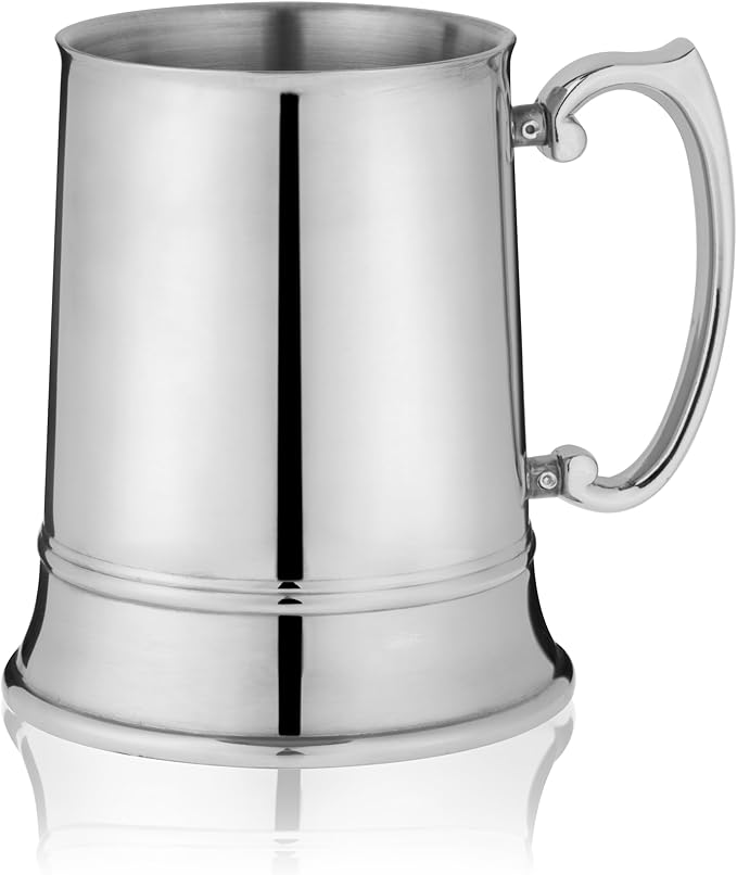 Viski Stainless Steel Beer Stein, Double-Walled Mug with Handle, Drinking Glass for Lagers, Pilsners, Craft Beers, Birthday Gifts for Men, Beer Lovers, Game Night, Home Bar, 16 oz, Set of 1