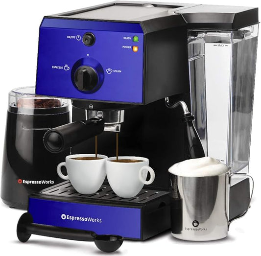 EspressoWorks All-In-One Espresso Machine with Milk Frother 7-Piece Set - Latte Maker Includes Grinder, Frothing Pitcher, Cups, Spoon and Tamper - Coffee Gifts (Blue)