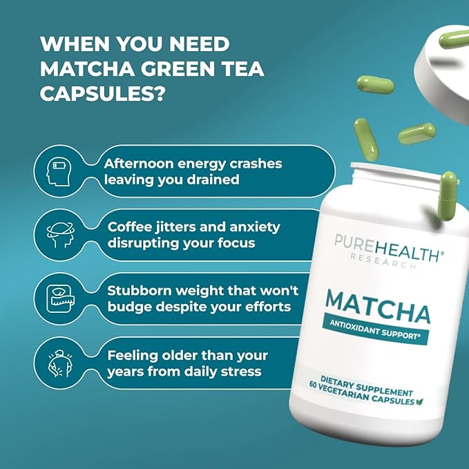 PUREHEALTH RESEARCH Matcha 1000 mg - Organic Ceremonial Grade Matcha Powder Supplement - EGCG Green Tea Extract Pills for Mental Clarity, Energy & Hearth Health - Vegan, Gluten Free - 60 Capsules