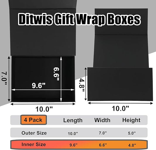 Ditwis 4 Pack 10x7x5 Inches Gift Boxes with Magnetic Closure Lids, Black Magnetic Box for Wedding, Groomsmen Bridesmaid Proposal, Birthdays, Mother's Day