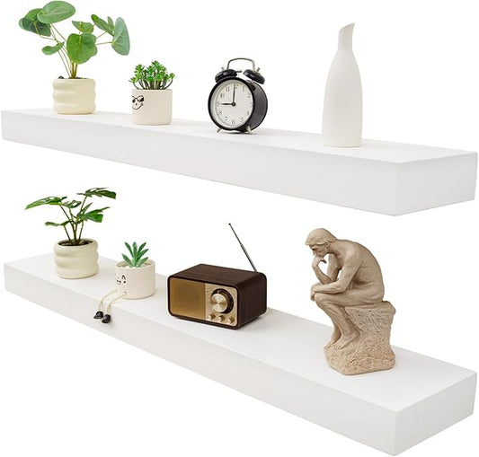 Floating Shelves 3 inch Thick for Wall Set of 2,Solid Pine Wood Wall Mount Shelf for Kitchen Living Room Bedroom Bathroom,8" D x 48" L x 3" H-White