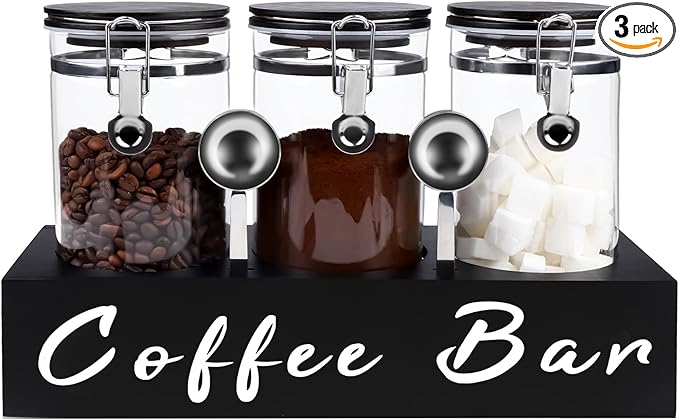3 x 54 oz Glass Coffee Bean Storage Container with Shelf 3PCS Glass Containers with Airtight Locking Clamp Lid Spoons Coffee Canister Set Jars for Kitchen Food Storage Tea Sugar Black
