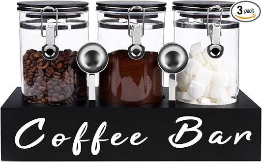 3 x 54 oz Glass Coffee Bean Storage Container with Shelf 3PCS Glass Containers with Airtight Locking Clamp Lid Spoons Coffee Canister Set Jars for Kitchen Food Storage Tea Sugar Black