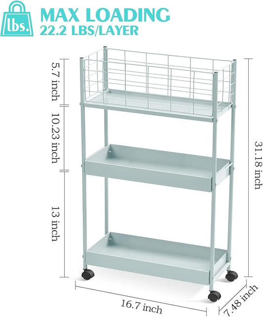 KINGRACK 3-Tier Rolling Cart with Wheels – Slim Metal Storage Organizer for Kitchen, Office & Coffee Station, Mint Green