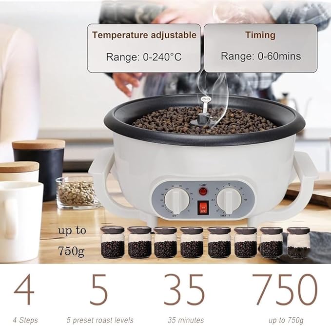 750g Coffee Roaster Machine for Home Use,1200W Non-stick Pan Multifunctional Electric Coffee Bean Roaster,Thermometer+Timer+Temperature Adjustment,Upgraded Cross Stirring Rod,for Peanut Nuts(110V)
