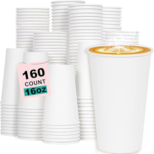 Coolcap 16 oz 160 Pack Disposable Coffee Cups, Bulk White Disposable Paper Cups, Coffee Cups for Hot Tea, Chocolate and Cold Drinks