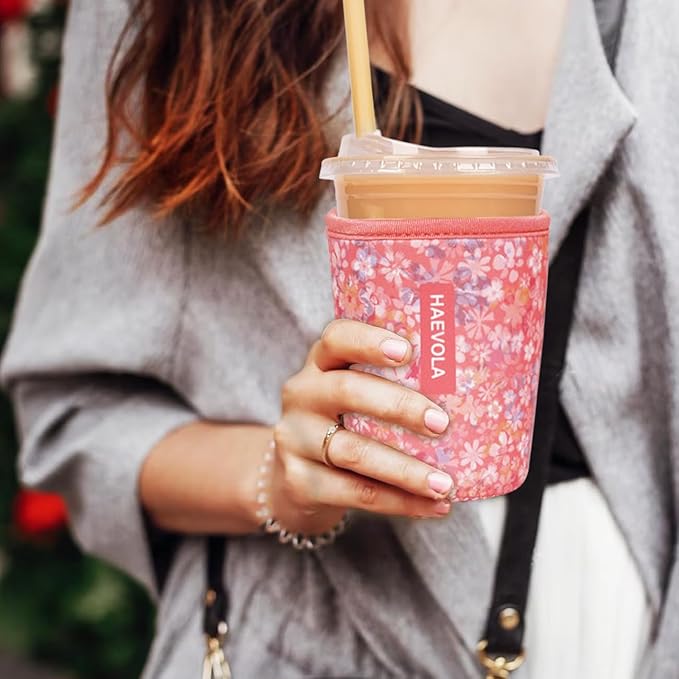 Reusable Insulated Neoprene Iced Coffee Cup Sleeve, Durable Drink Sleeve for Cold Beverages, Beverage Holder for Iced Coffee, Rosy Blooms